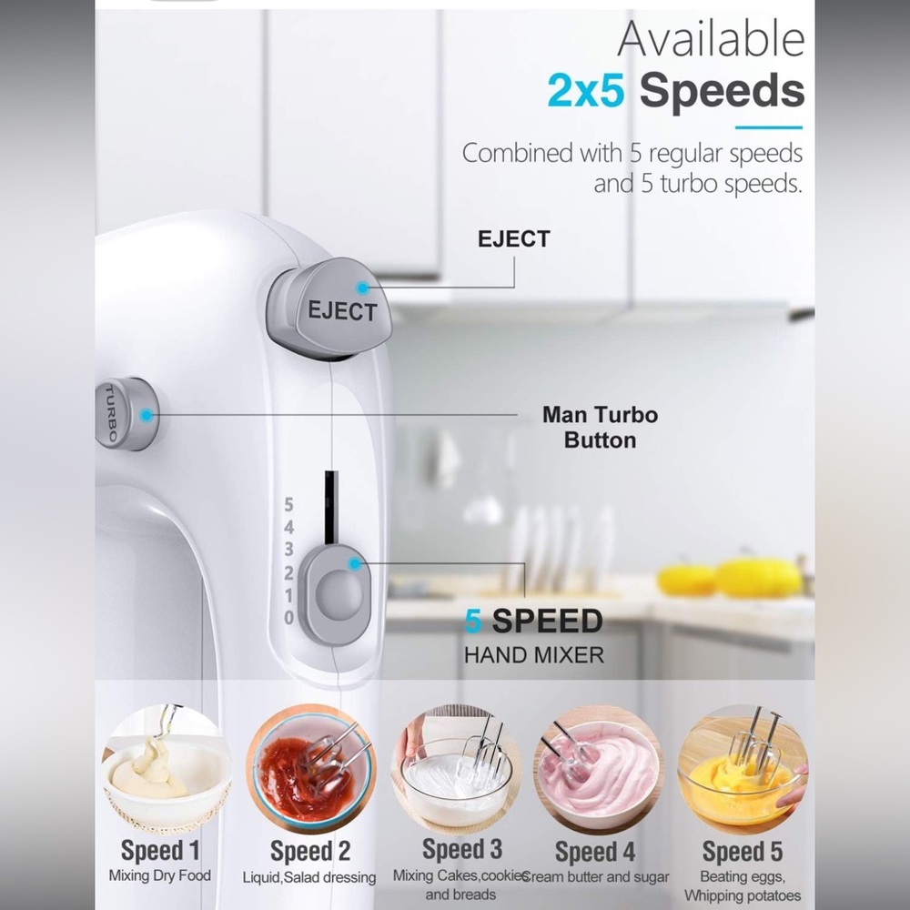 Liraip Electric Hand Mixer 5 Speed 400W Turbo with 5 Stainless Steel Accessories - Picture 2 of 7